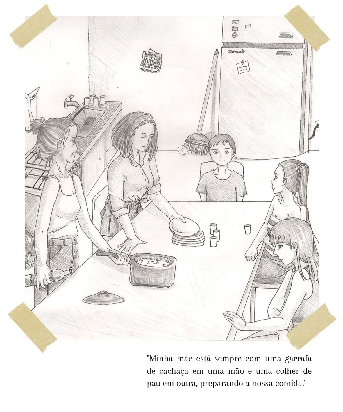 Ilustração do livro "Sr. Villela". a mãe coloca uma panela na mesa, com uma garrada de cachaça na mão. Duas crianças estão do outro lado da mesa, o personagem principal na ponta, e irmã mais velha ao lado da mãe, distribuindo os pratos.